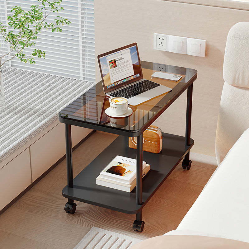 Contemporary Glass Metal 2-Tier End Table Casters — Black + Gray Glass Table Top