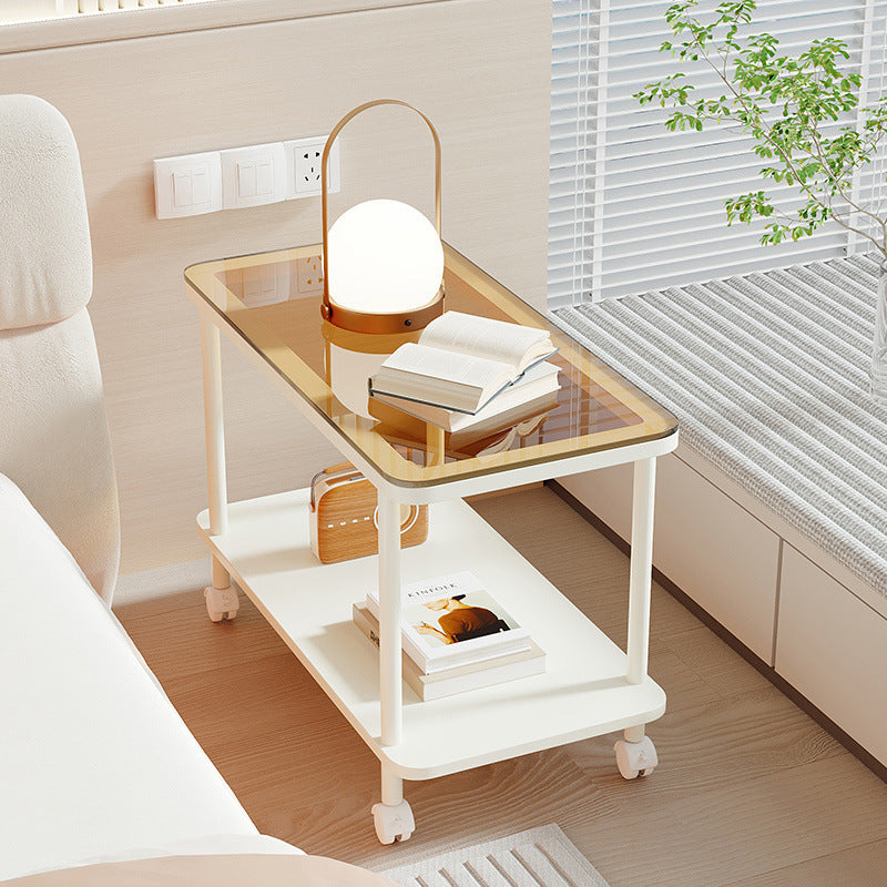 Contemporary Glass Metal 2-Tier End Table Casters — White + Brown Glass Table Top