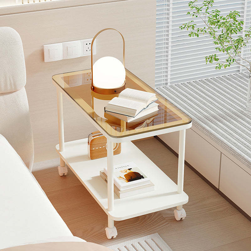 Contemporary Glass Metal 2-Tier End Table Casters — White + Brown Glass Table Top