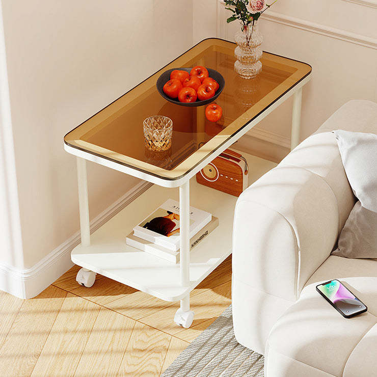 Contemporary Glass Metal 2-Tier End Table Casters — White + Gray Glass Table Top