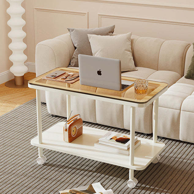 Contemporary Glass Metal 2-Tier End Table Casters