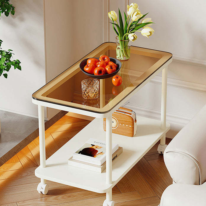 Contemporary Glass Metal 2-Tier End Table Casters