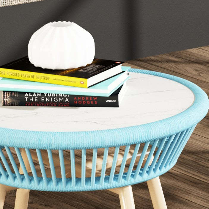 Boho Sintered Stone Rattan Round End Table