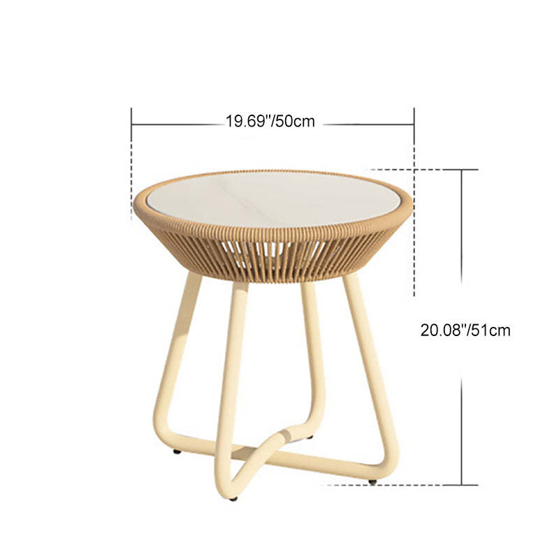 Boho Sintered Stone Rattan Round End Table — Beige