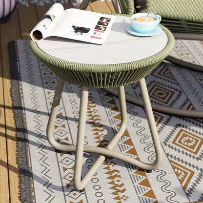 Boho Sintered Stone Rattan Round End Table — Gray