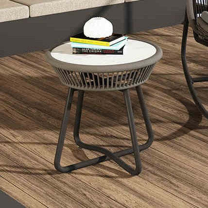 Boho Sintered Stone Rattan Round End Table