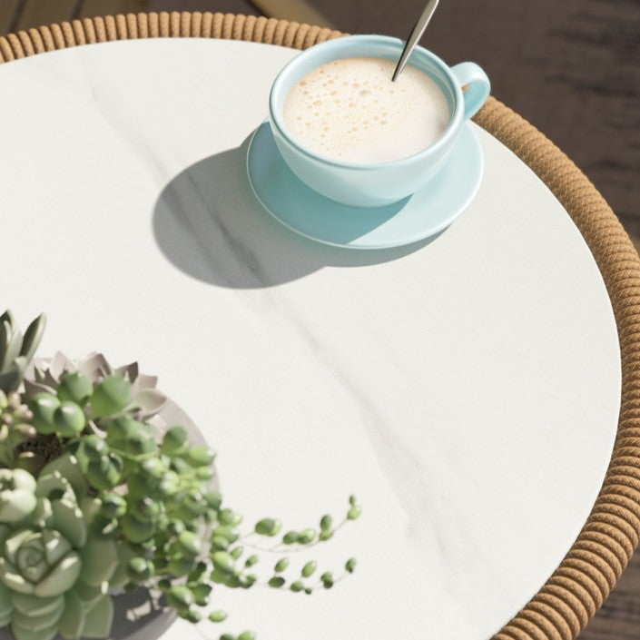 Boho Sintered Stone Rattan Round End Table