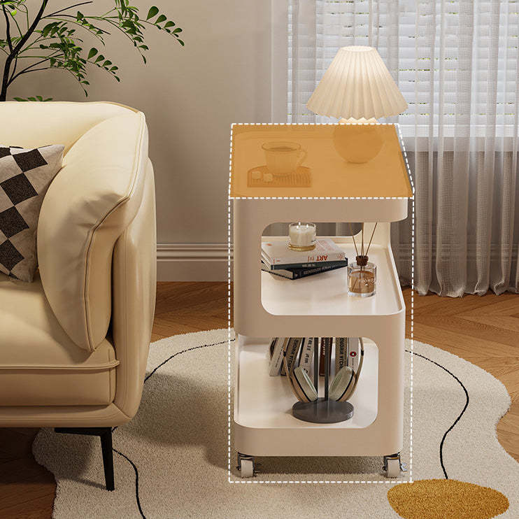 Modern Sintered Stone 3-Tier Movable End Table — White Frame + Iron Tabletop + Induction Light
