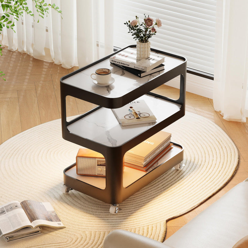 Modern Sintered Stone 3-Tier Movable End Table — Black Frame + Sintered Stone Tabletop + Induction Light
