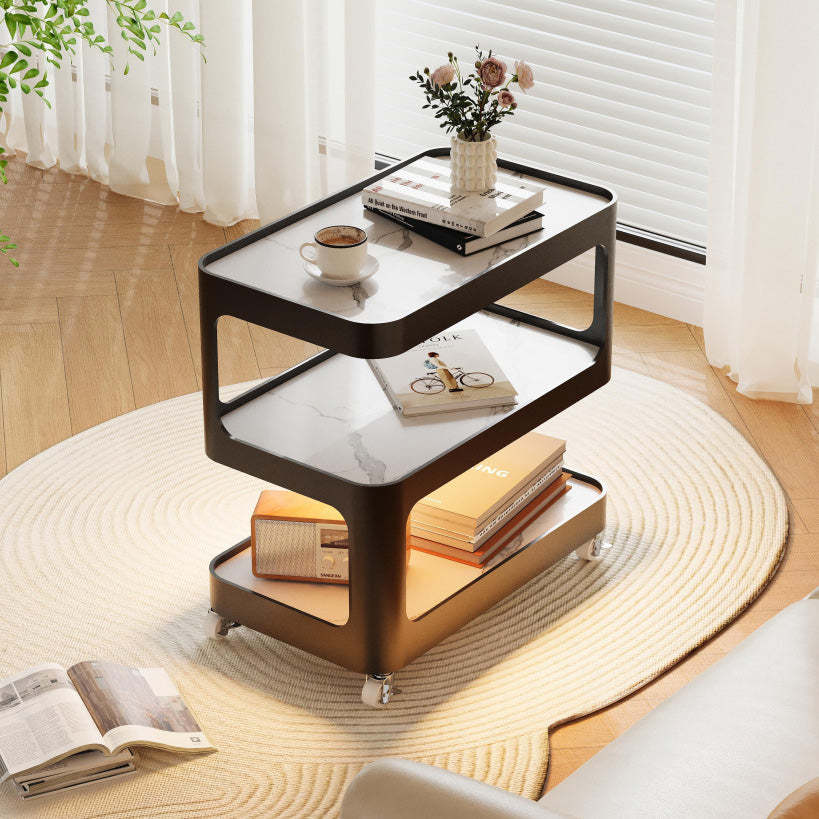 Modern Sintered Stone 3-Tier Movable End Table — Black Frame + Sintered Stone Tabletop + Induction Light