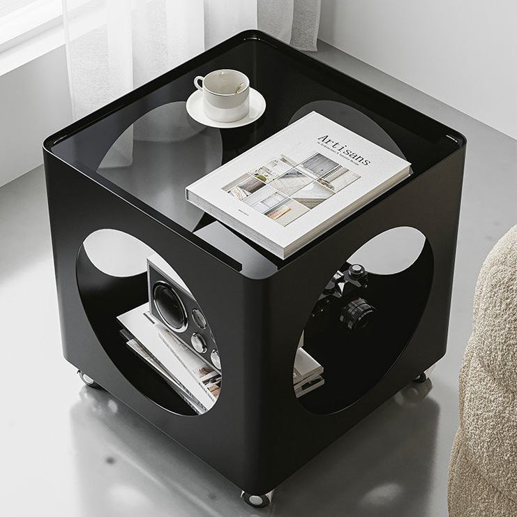 Glass Top Iron Hollow Nightstand 2-Tier