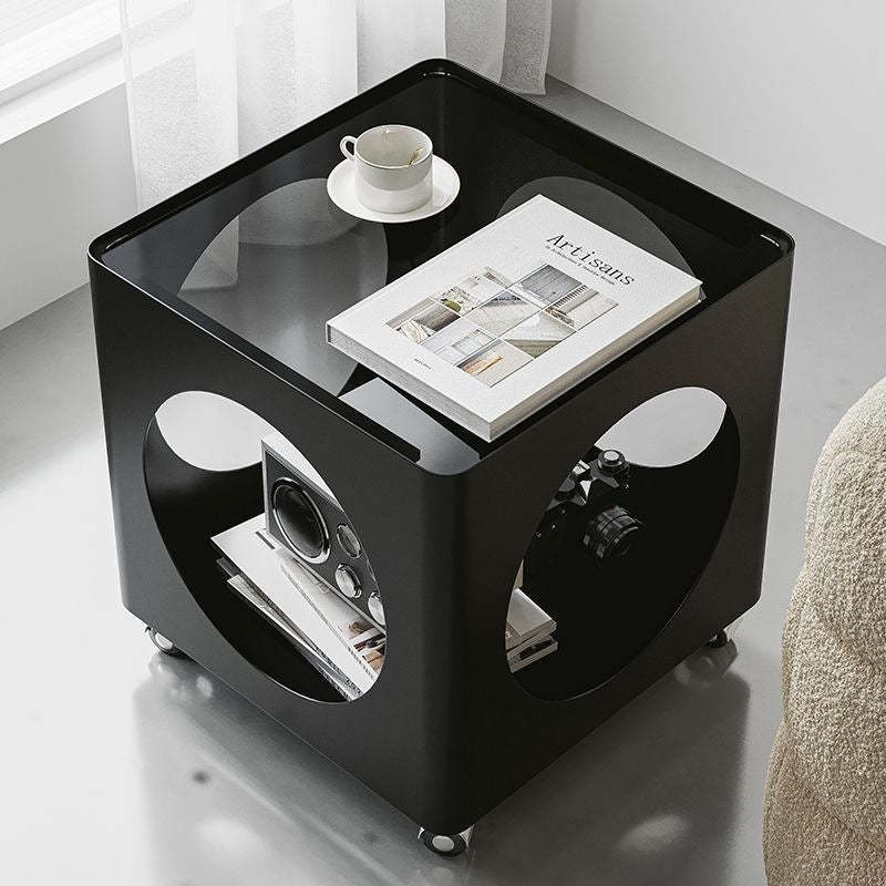 Glass Top Iron Hollow Nightstand 2-Tier