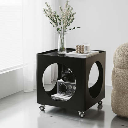 Glass Top Iron Hollow Nightstand 2-Tier — Black
