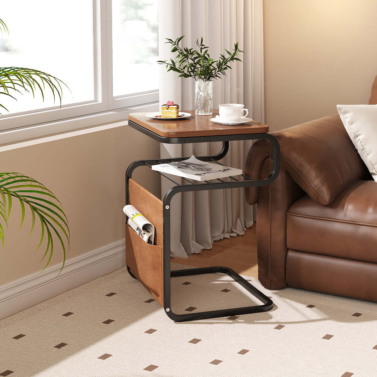 Retro Wood Iron 3-Tier End Table — Walnut Wood Color