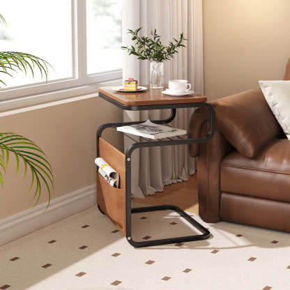 Retro Wood Iron 3-Tier End Table — Walnut Wood Color