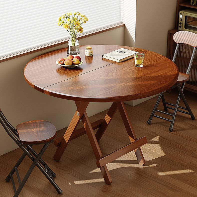 Modern Round Solid Wood Foldable Dining Table — Walnut Wood Color