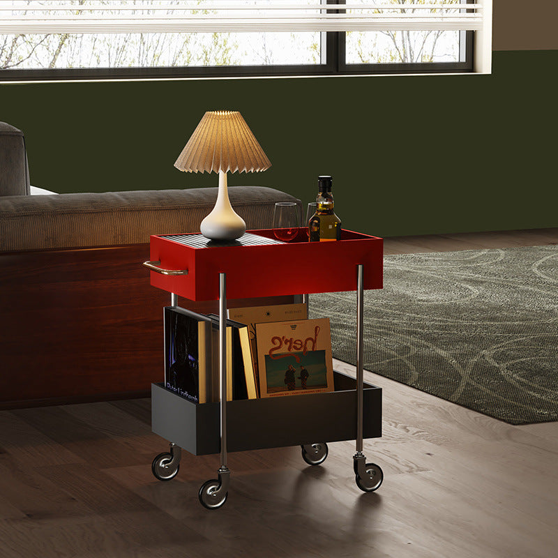 Transitional Glass Carbon Steel 2-Tier Rectangular End Table — Black & Red