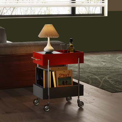 Transitional Glass Carbon Steel 2-Tier Rectangular End Table — Black & Red