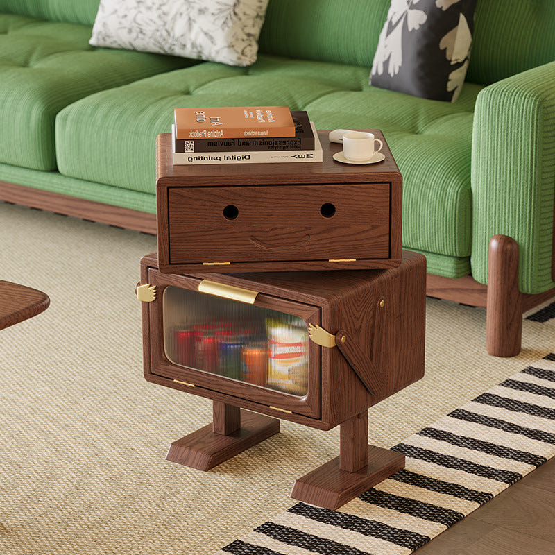 Contemporary Robot Solid Wood 2-Cabinet Nightstand — Walnut Wood Color