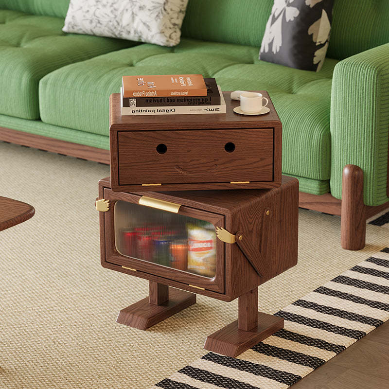 Contemporary Robot Solid Wood 2-Cabinet Nightstand — Walnut Wood Color