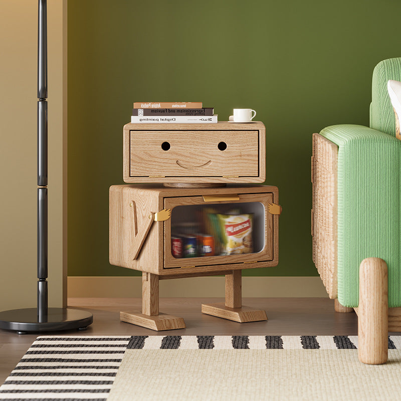 Contemporary Robot Solid Wood 2-Cabinet Nightstand — Original Wood Color