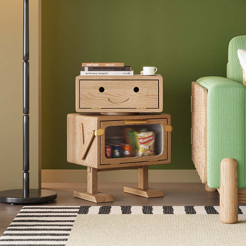 Contemporary Robot Solid Wood 2-Cabinet Nightstand — Original Wood Color