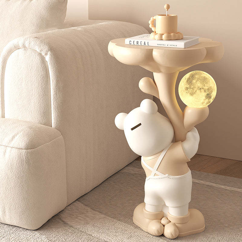 Contemporary Strap Bear Resin Moon-Top Side Table — Brown