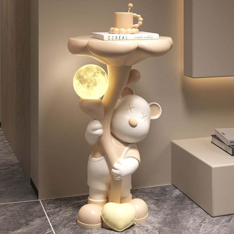 Contemporary Creative Strap Bear Resin Round Top Moon Decoration Side Table For Living Room
