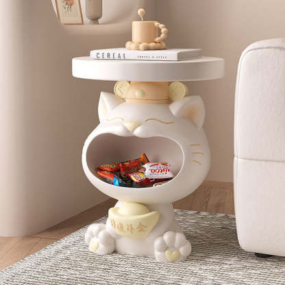 Contemporary Big-Mouth Cat Resin Round Side Table — Cream Color