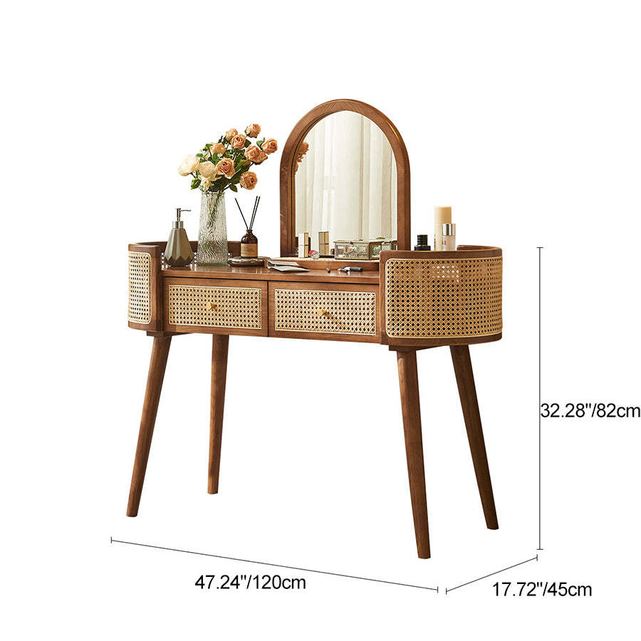 Retro Oblong Solid Wood Rattan 2-Drawer Dressing Table