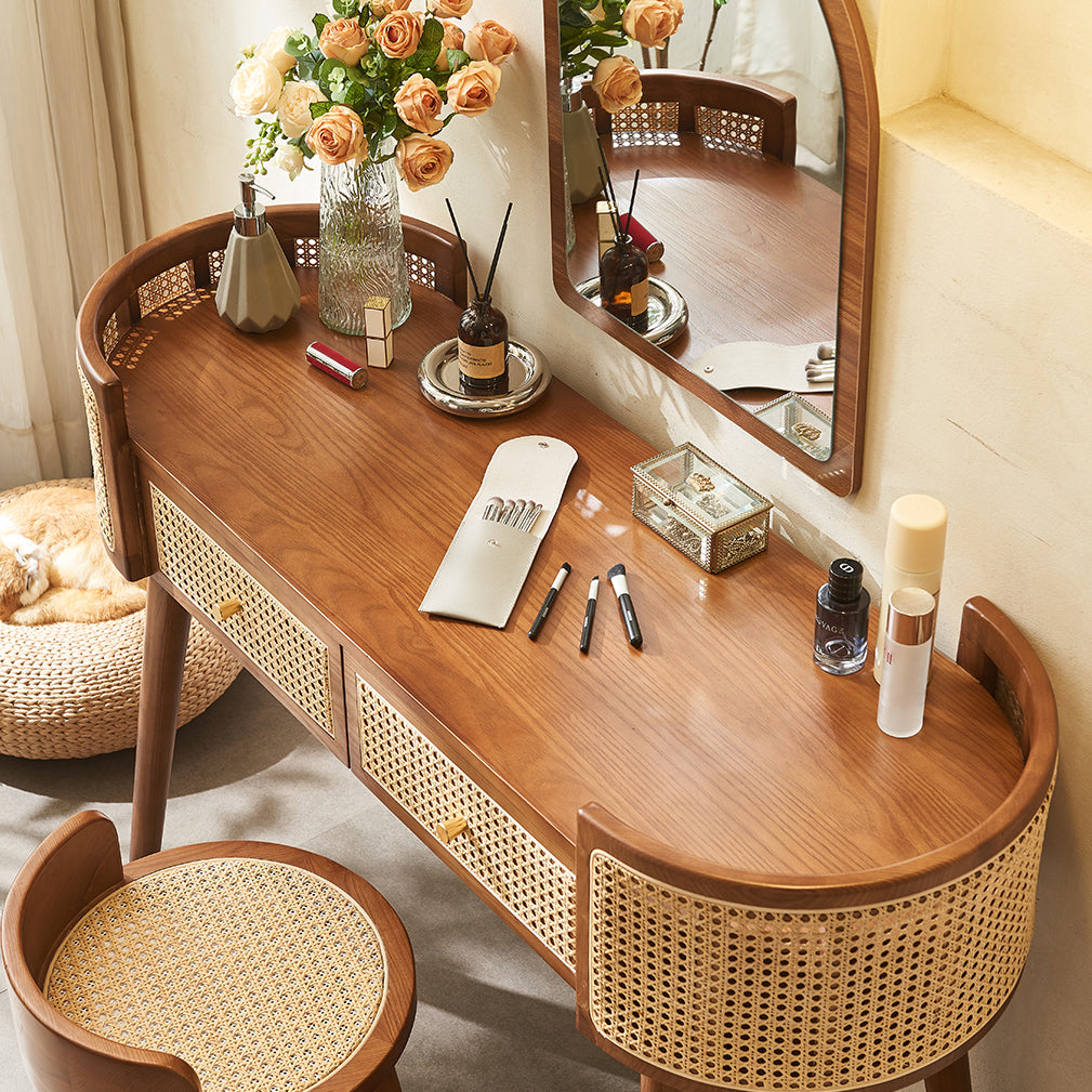 Retro Oblong Solid Wood Rattan 2-Drawer Dressing Table