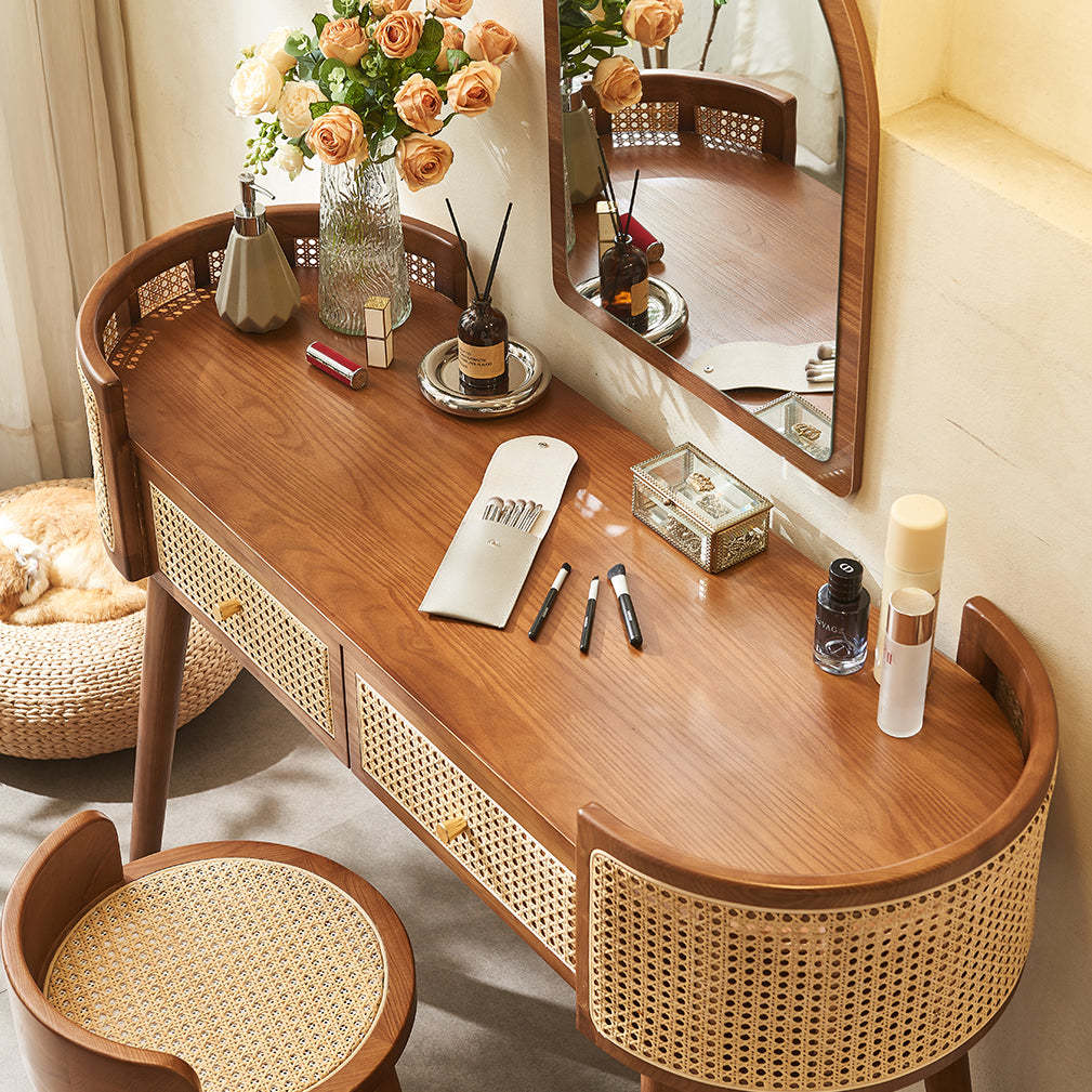 Retro Oblong Solid Wood Rattan 2-Drawer Dressing Table