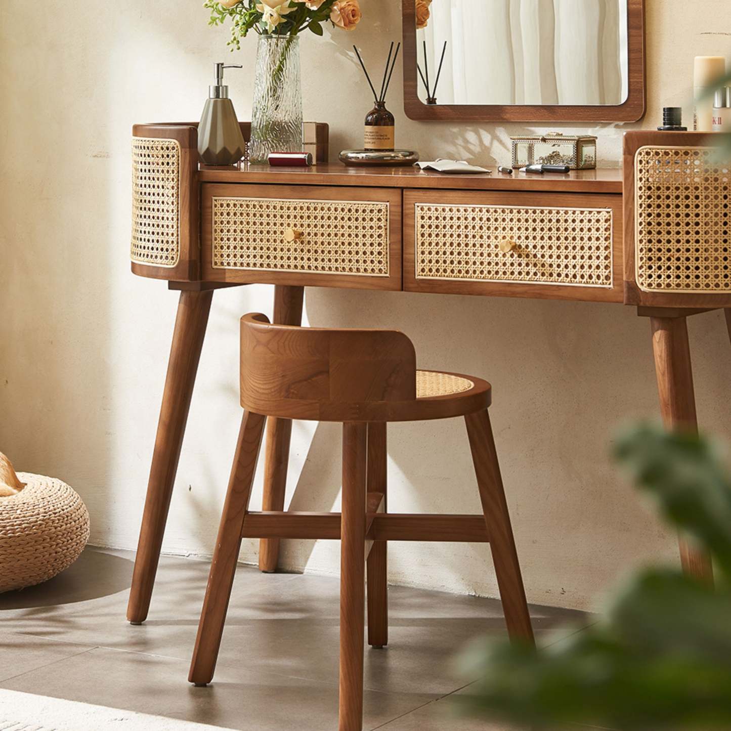 Retro Oblong Solid Wood Rattan 2-Drawer Dressing Table
