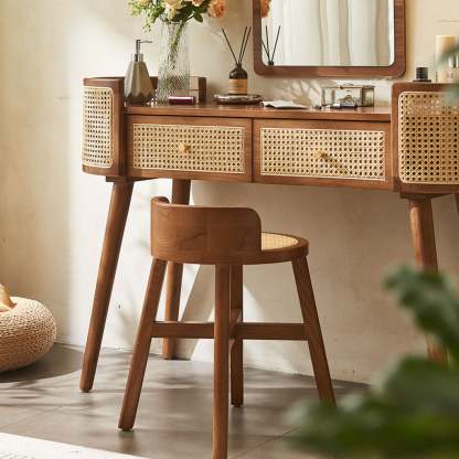 Retro Oblong Solid Wood Rattan 2-Drawer Dressing Table