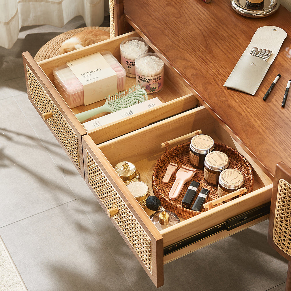 Retro Oblong Solid Wood Rattan 2-Drawer Dressing Table