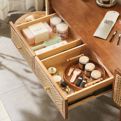 Retro Oblong Solid Wood Rattan 2-Drawer Dressing Table