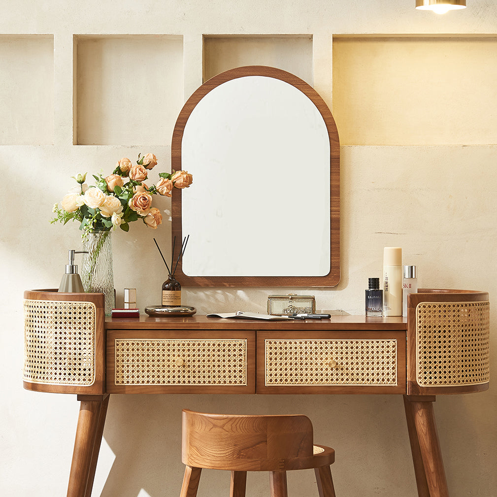 Retro Oblong Solid Wood Rattan 2-Drawer Dressing Table
