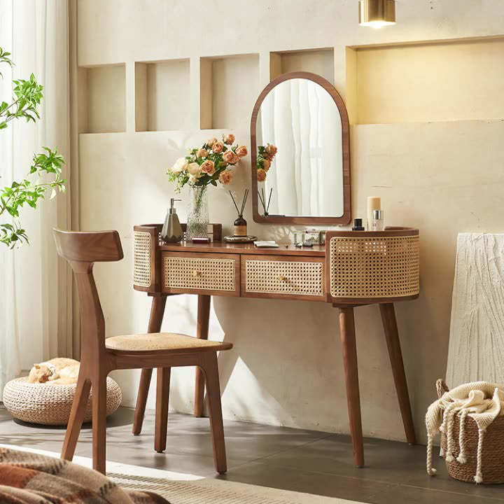 Retro Oblong Solid Wood Rattan 2-Drawer Dressing Table — Cherry Wood Color
