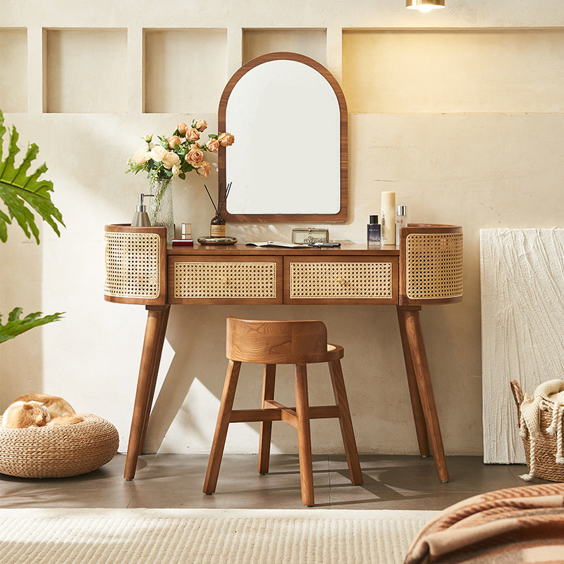 Retro Oblong Solid Wood Rattan 2-Drawer Dressing Table — Walnut Wood Color