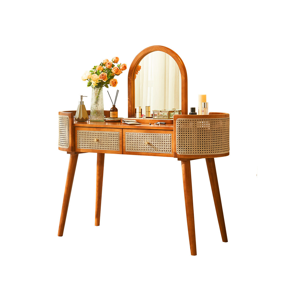 Retro Oblong Solid Wood Rattan 2-Drawer Dressing Table