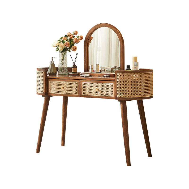 Retro Oblong Solid Wood Rattan 2-Drawer Dressing Table