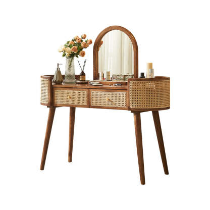 Retro Oblong Solid Wood Rattan 2-Drawer Dressing Table