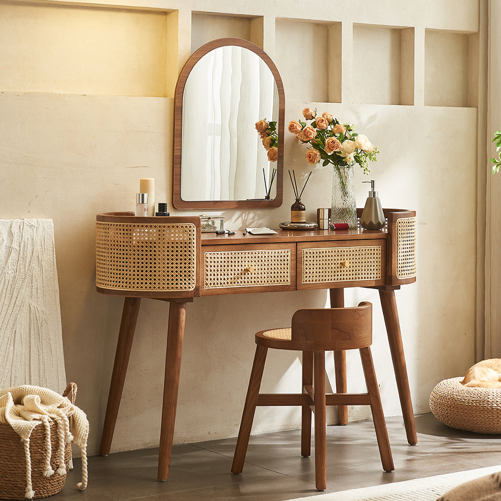Retro Oblong Solid Wood Rattan 2-Drawer Dressing Table