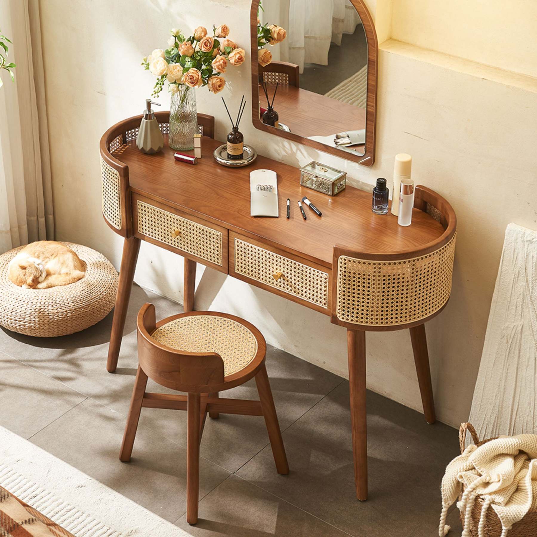 Retro Oblong Solid Wood Rattan 2-Drawer Dressing Table