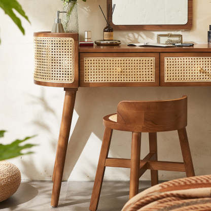 Retro Oblong Solid Wood Rattan 2-Drawer Dressing Table