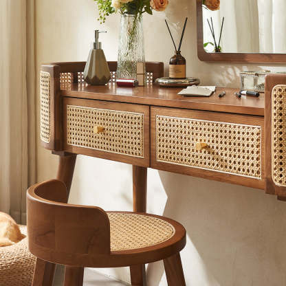 Retro Oblong Solid Wood Rattan 2-Drawer Dressing Table
