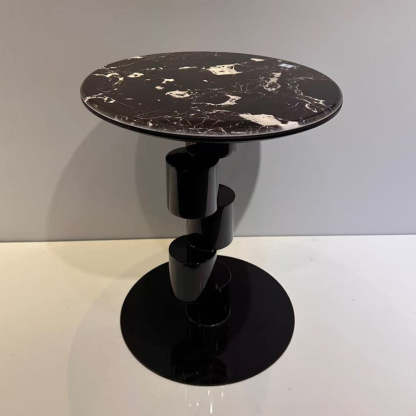 Mid-Century Round Microcrystalline Stone Iron Coffee Table — Black