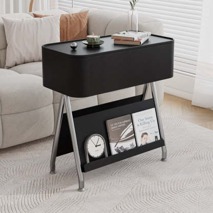 Scandinavian Rotatable Tray Top Storage Side Table — Without Wheels / Black Table Top + Black Carbon Steel Frame