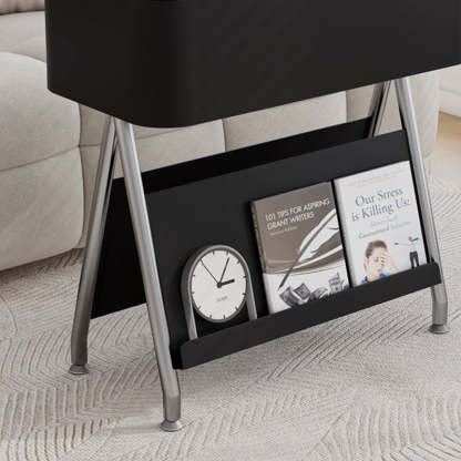 Scandinavian Rotatable Tray Top Storage Side Table — With Wheels / Black Table Top + Black Carbon Steel Frame