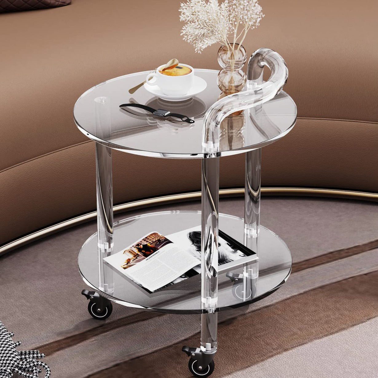 Contemporary Acrylic 2-Tier Rolling End Table